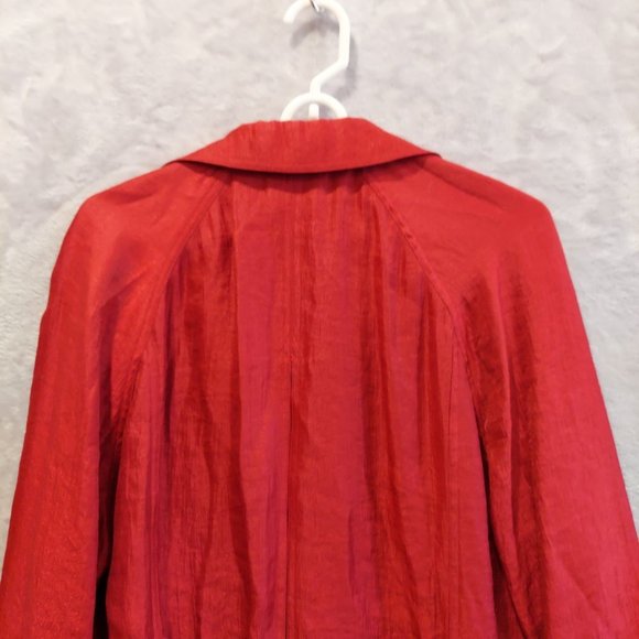 CHICO'S Open Front Jacket 2 L 12 14 Sleek Shiny True Red Pockets cuffed long - Picture 10 of 13